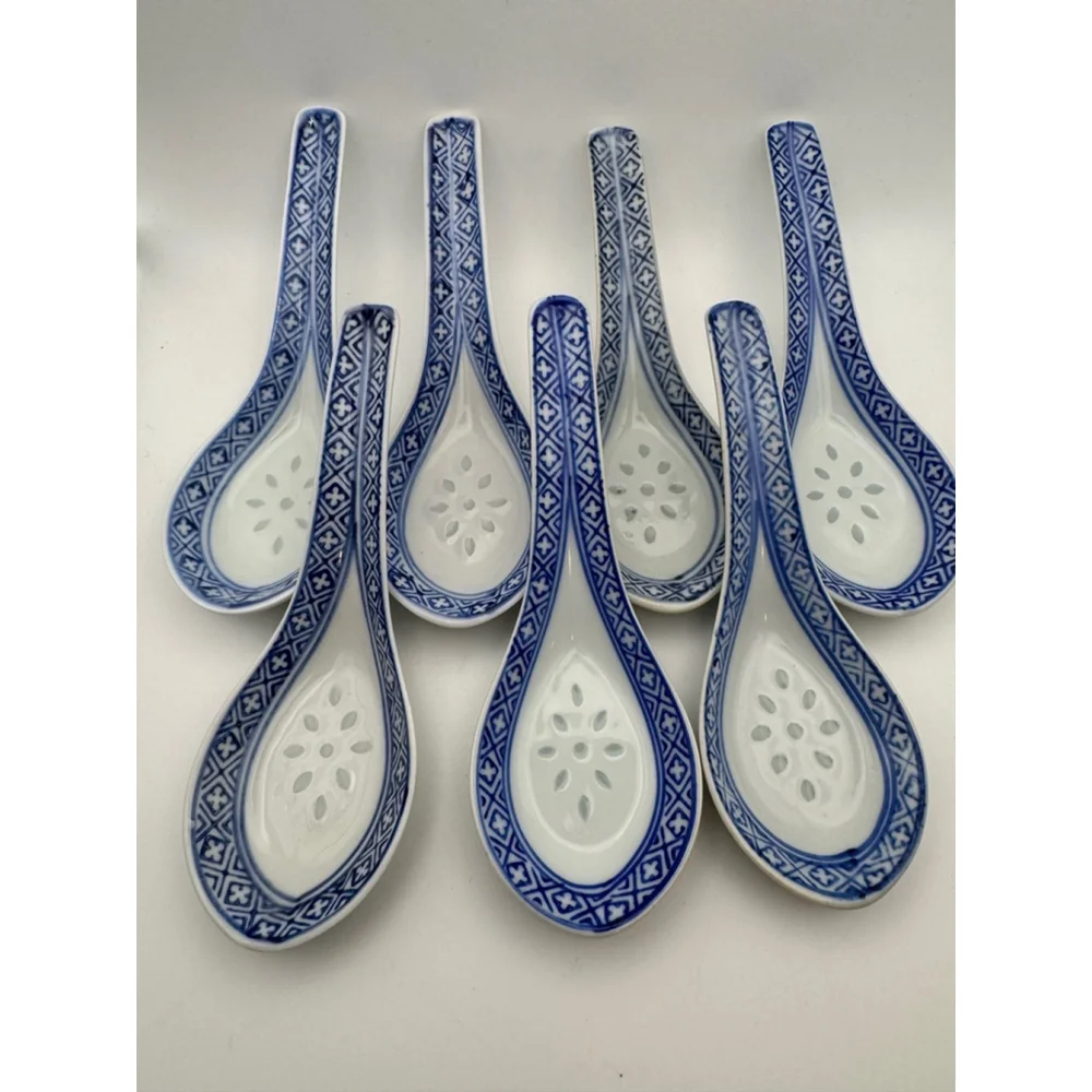 Chinese Rice Grain Soup Spoons Set 7 White and Blue